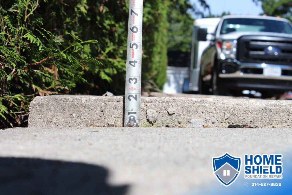 Uneven concrete driveway before leveling in Ballwin, Missouri